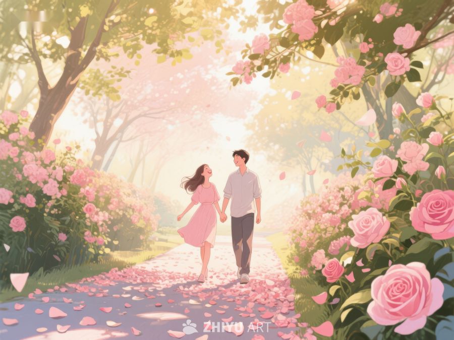 情侣漫步花径，浪漫春日时光 517