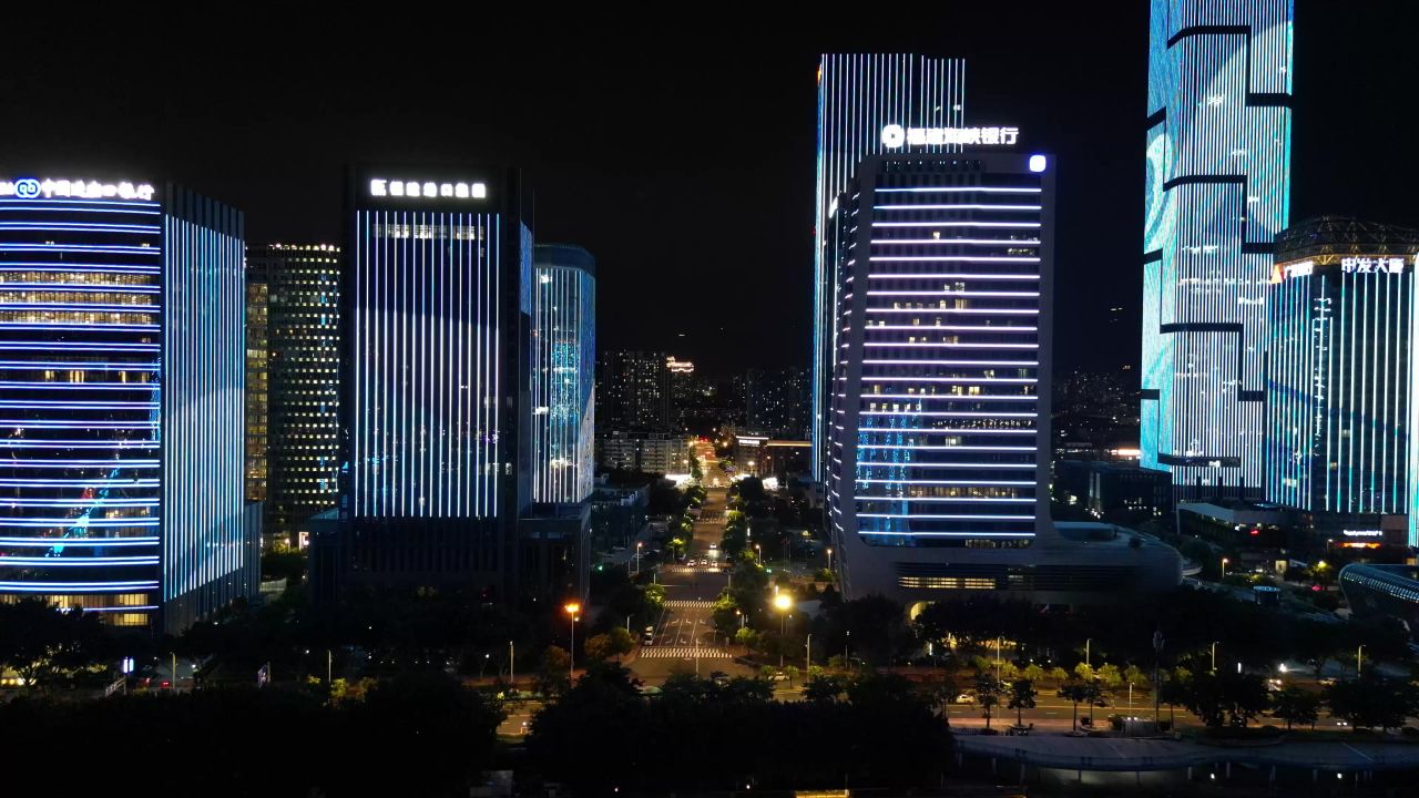 航拍福建福州金融街高楼夜景