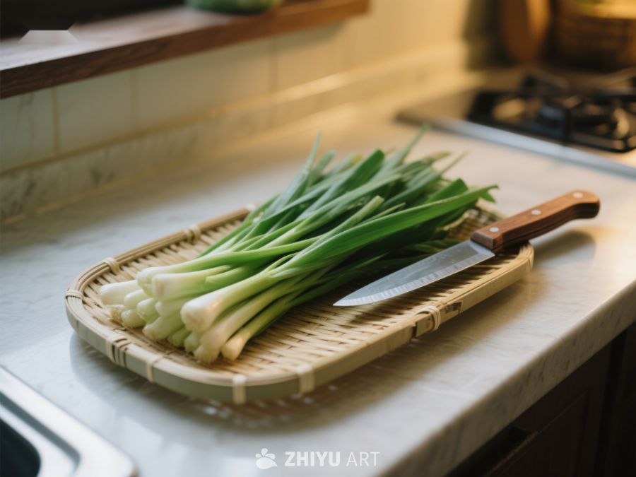 厨房台面上的葱与刀具 71