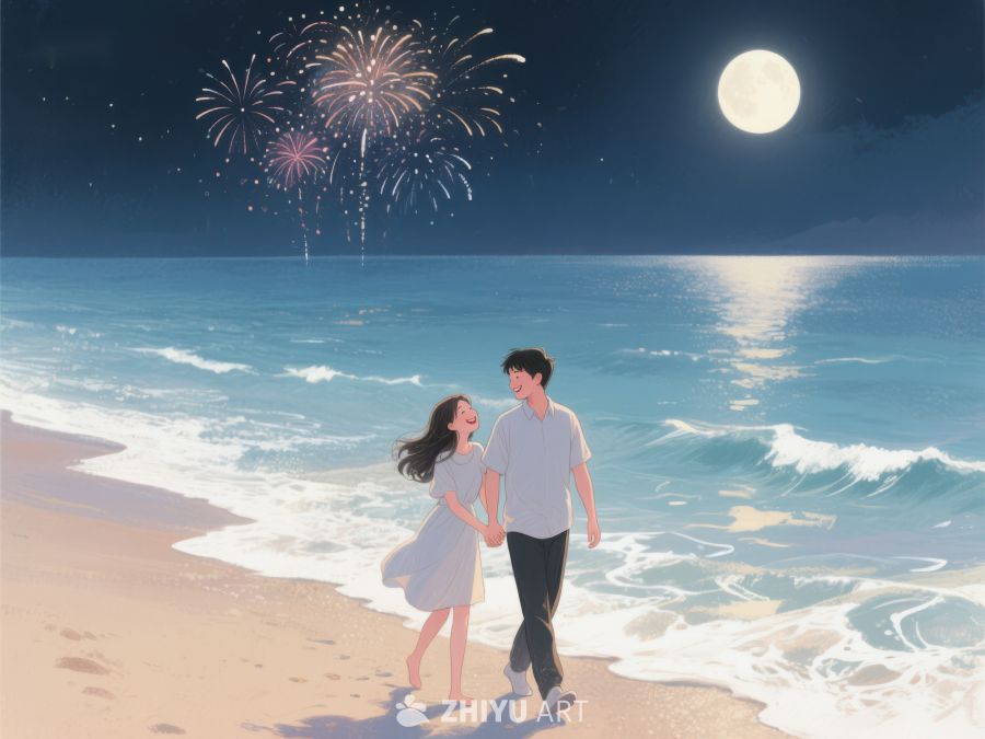 月下海滩漫步，烟花绽放 1124