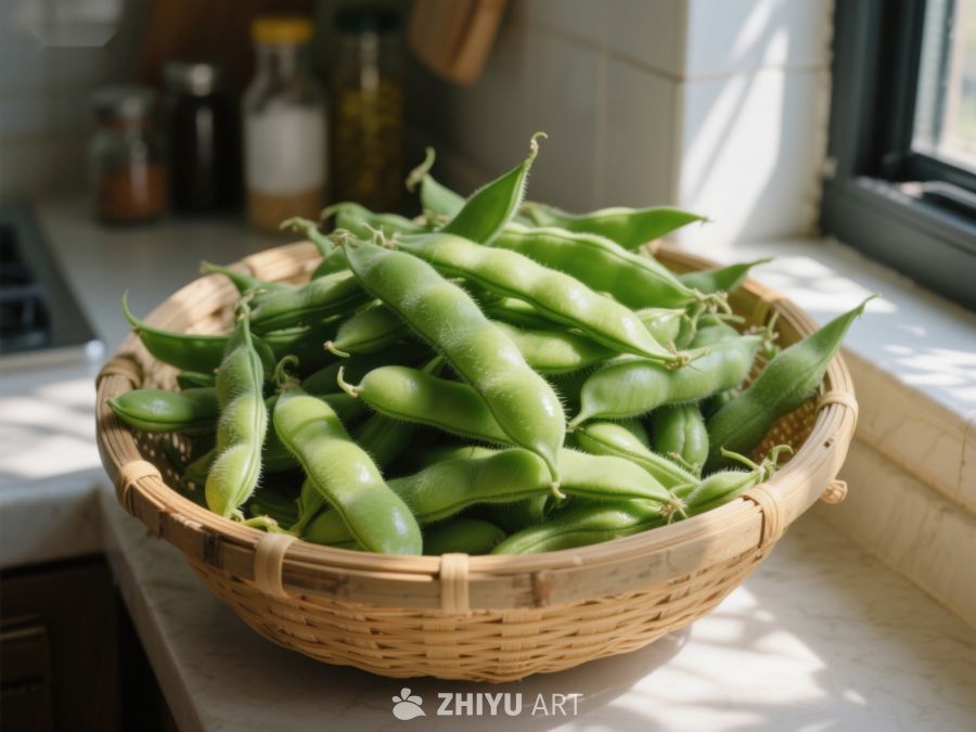 新鲜蚕豆装满竹篮置于厨房窗台 409