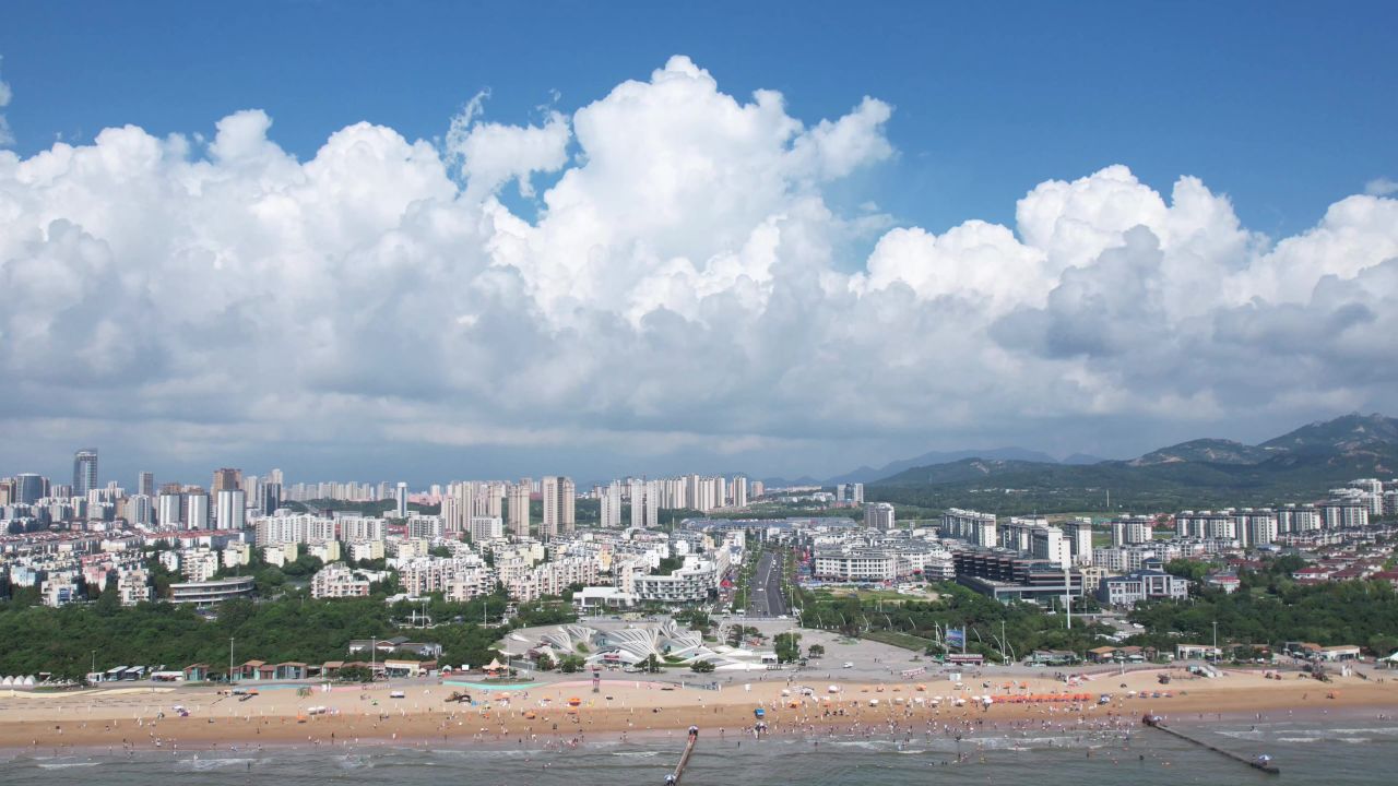 蓝天白云延时 海边城市