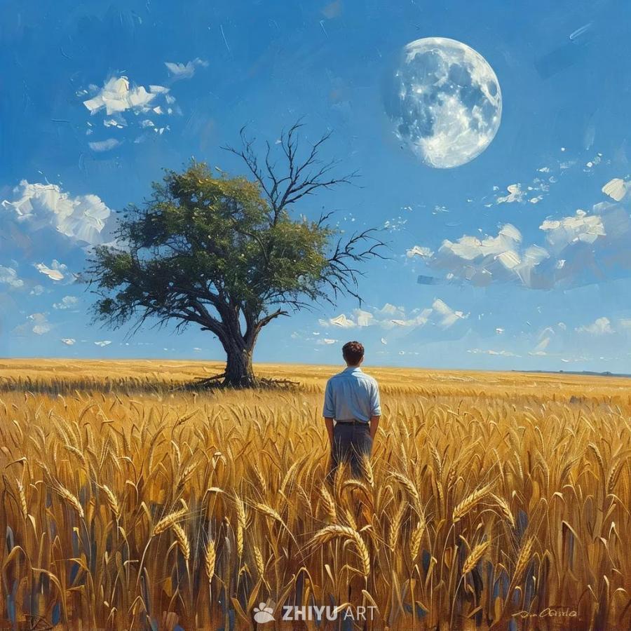广阔的谷物田中站立着一个人，他的背对着观众。在他的
