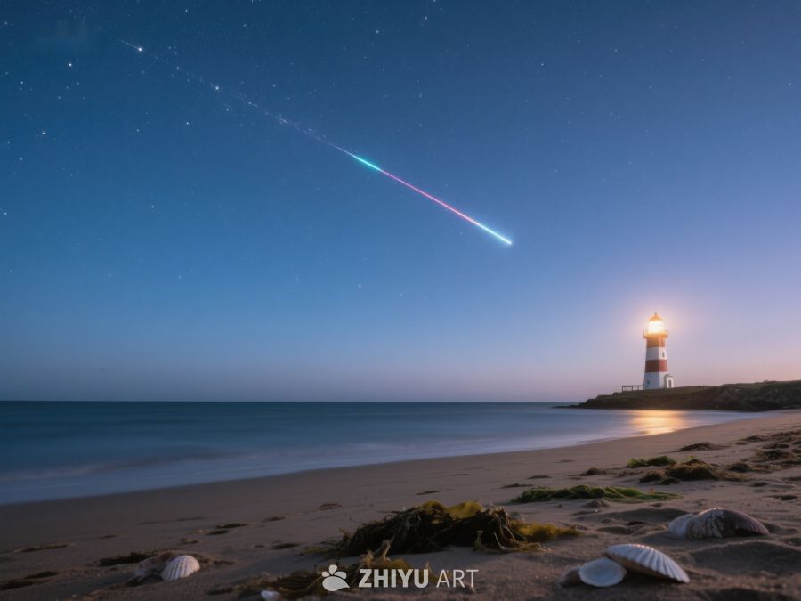 夜空流星划过灯塔海滩 257