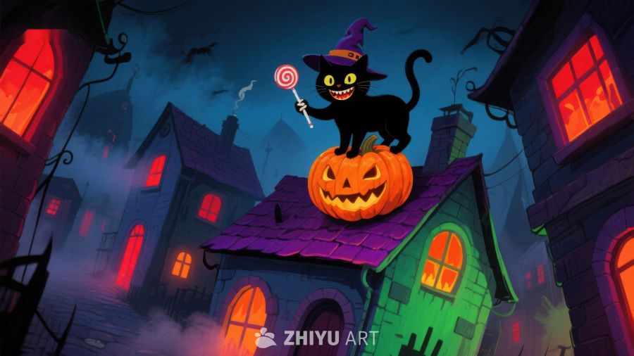 万圣夜猫巫师屋顶南瓜灯
