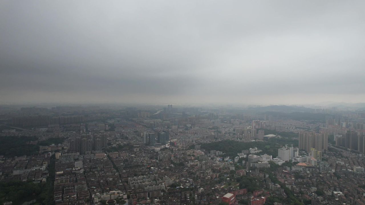 城市极端天气暴雨来袭航拍广东中山  