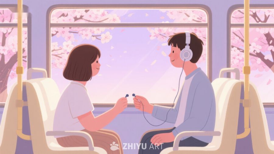 车厢内共享耳机的两人 17