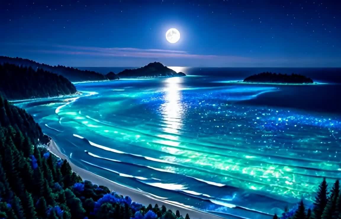 月光海滩，岛屿，森林，星空下的蓝色梦境。