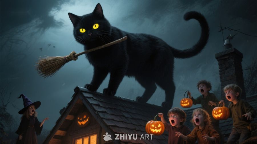 黑猫屋顶骑扫帚，孩童南瓜灯惊呼