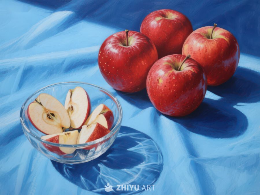 红苹果与切片，蓝布背景 130