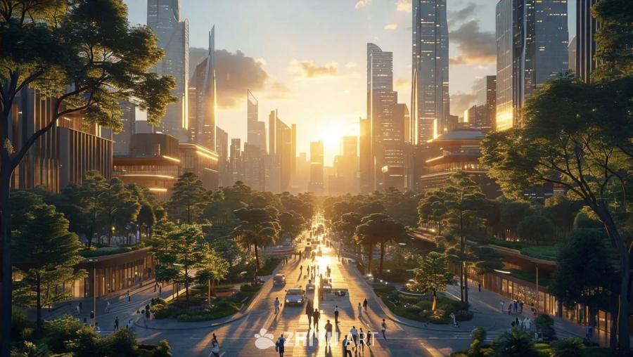 一个城市景观的鸟瞰图，沐浴在柔和的金色阳光下。行人