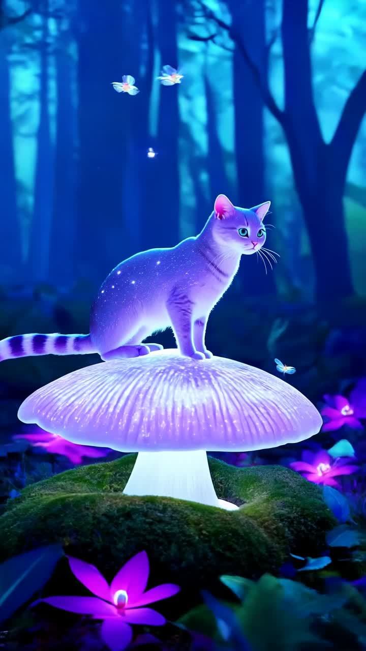 一只猫坐在一个大的发光蘑菇上，猫的毛是银色、粉色和