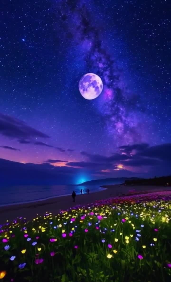夜空中悬挂着一轮明亮的月亮，月亮周围环绕着星云，无