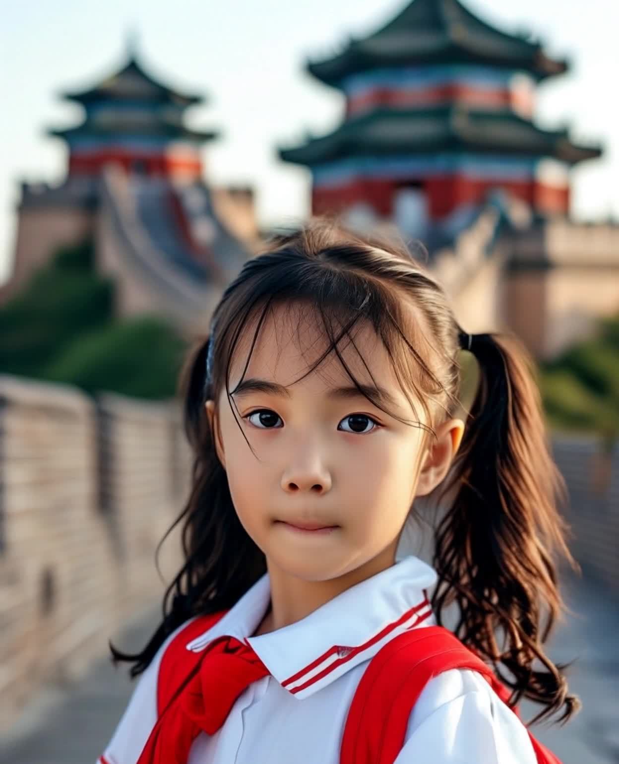 长城上的红领结女孩与中式建筑