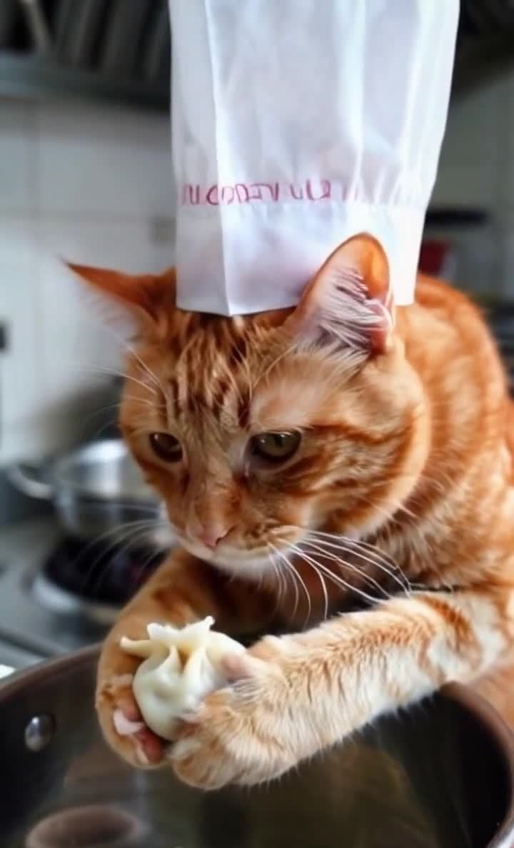 一只戴着厨师帽的橘猫，正坐在厨房里。猫咪用爪子捧着