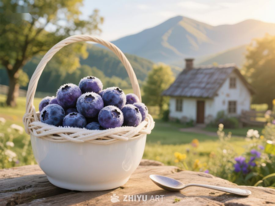 篮中蓝莓与乡村小屋 228