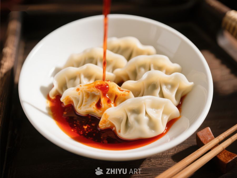 热辣酱汁淋在饺子上的美食特写 868