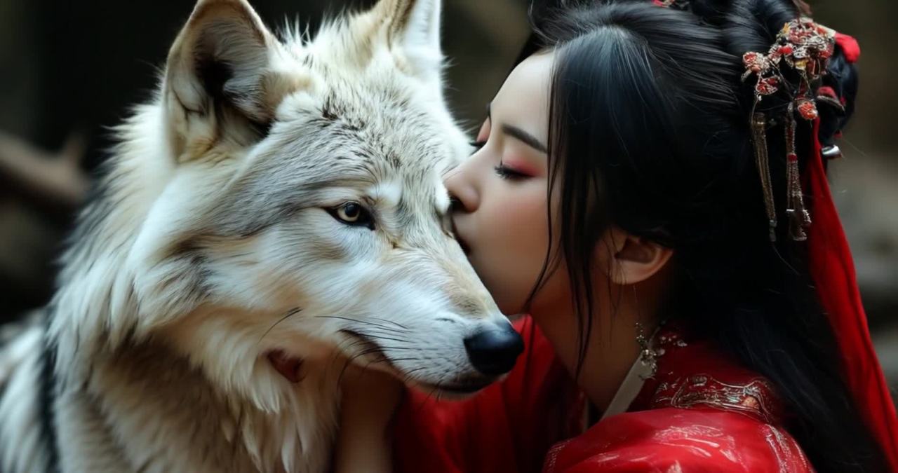 红衣女子与白狼的亲昵依偎
