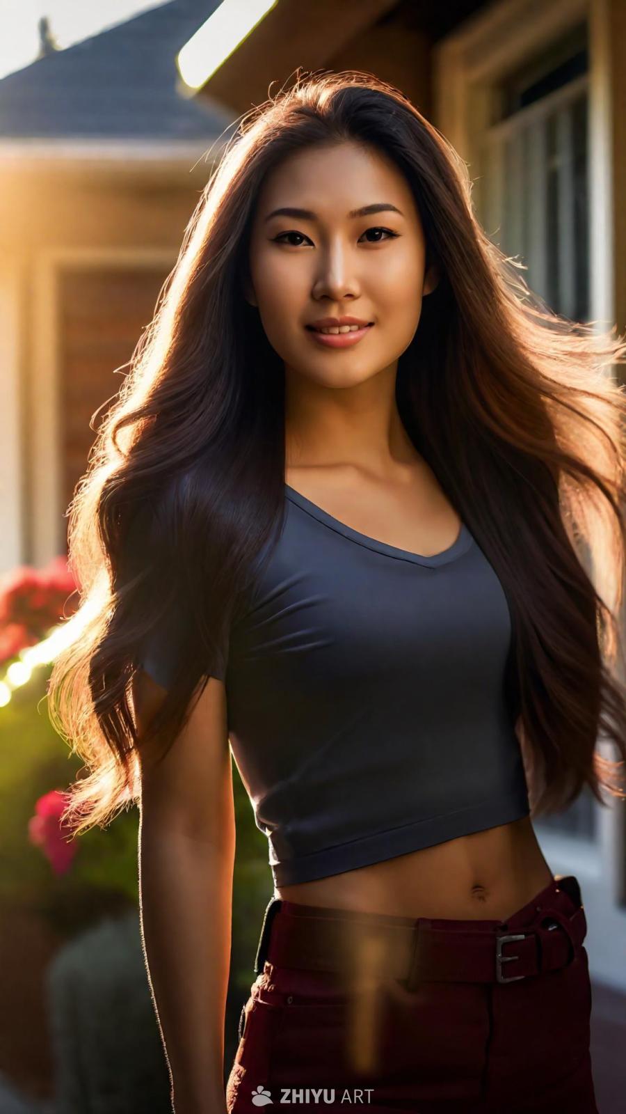 一名30岁左右的亚裔美国女性站在一栋美国房屋前，她