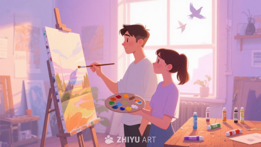 两人在画室共同创作油画 228