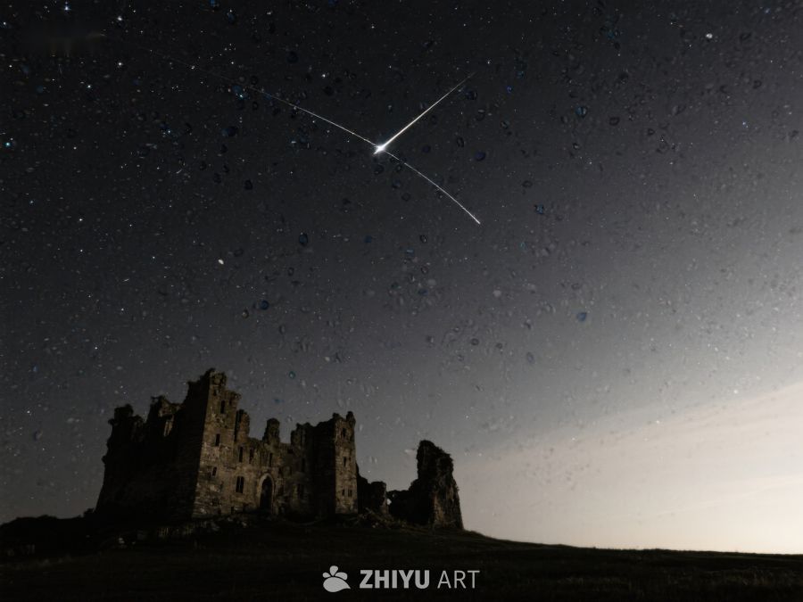 夜空流星划过古堡遗迹 260