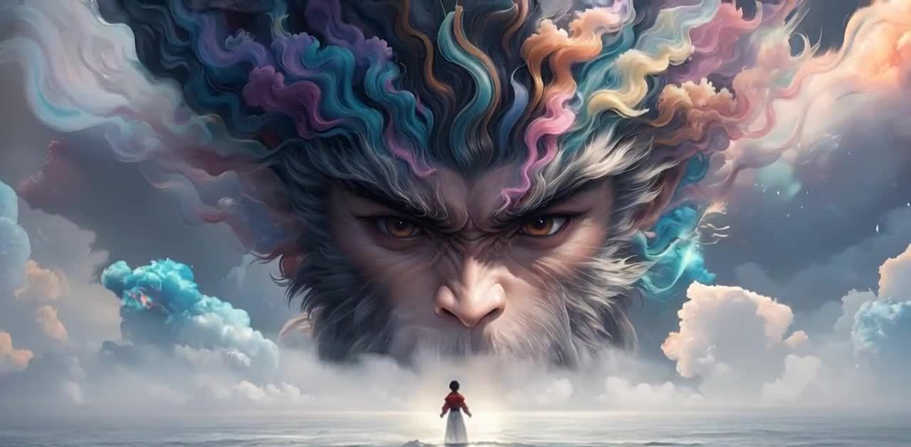 海面上有滚动的水波，一个身穿红色上衣的人站在海面上