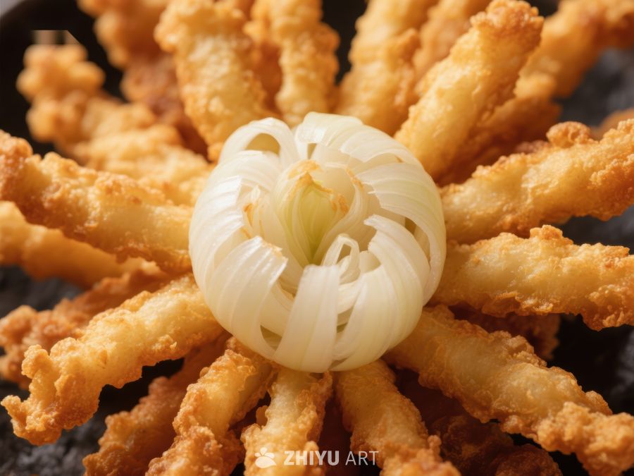 金黄酥炸食品配洋葱装饰