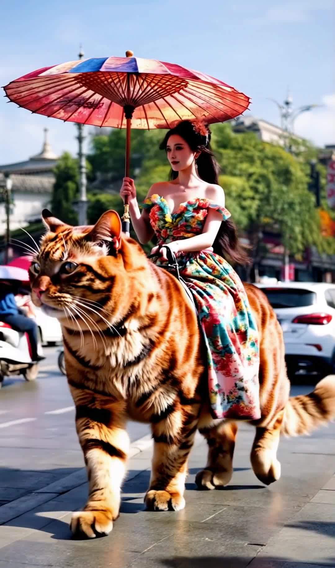 美女骑巨猫出行，手持伞花裙，引人注目。