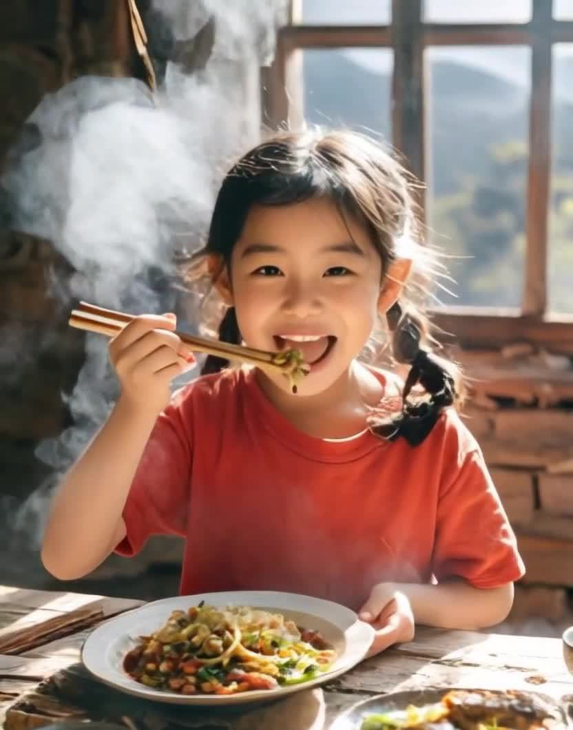 一个穿着红色上衣的小女孩坐在桌子旁，她扎着两个辫子