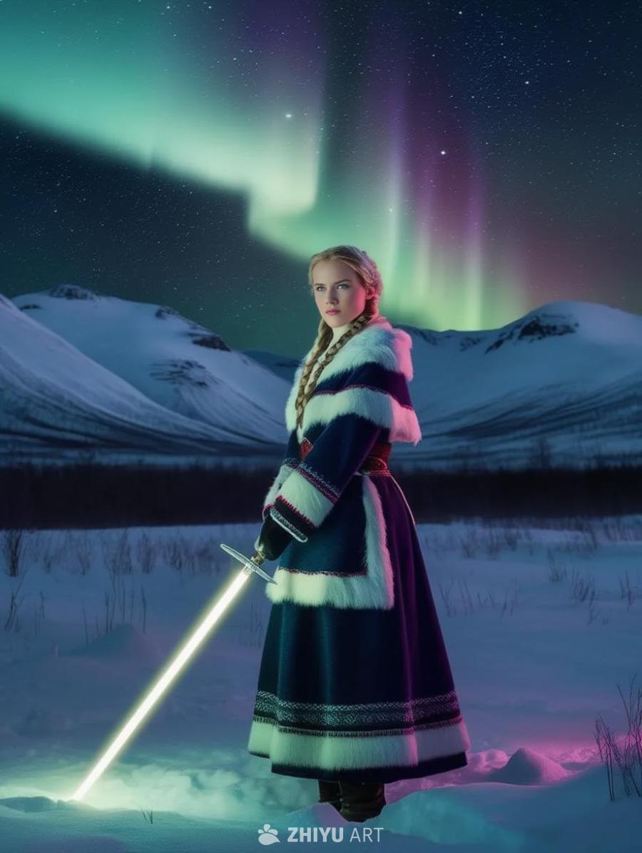 一位穿着拉普兰传统服饰的斯堪的纳维亚女性站在雪地里
