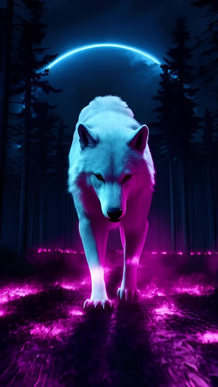 一只巨大的白色狼，身上有纹身，在夜晚的森林中缓慢地