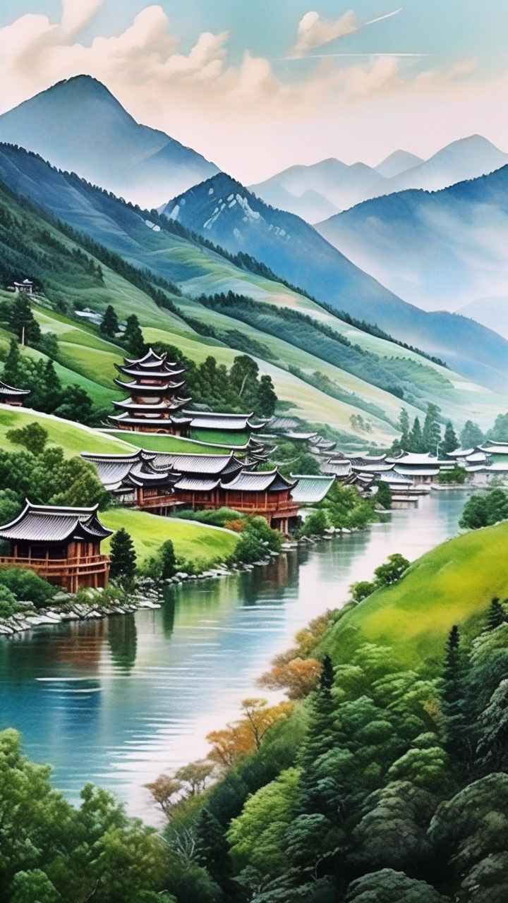 青山绿色村庄插画 35