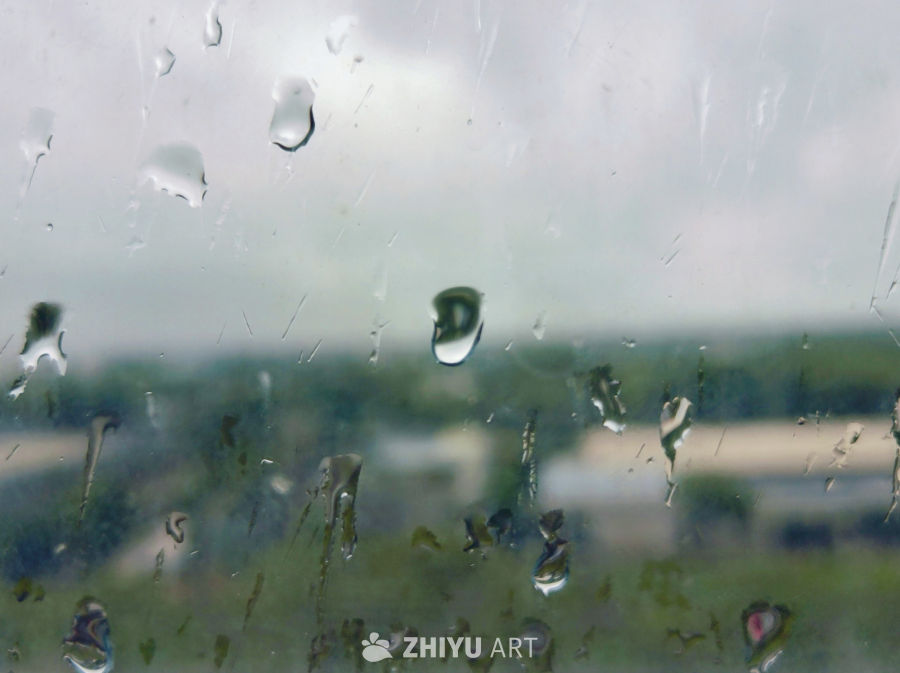 玻璃上的晶莹世界与朦胧绿意