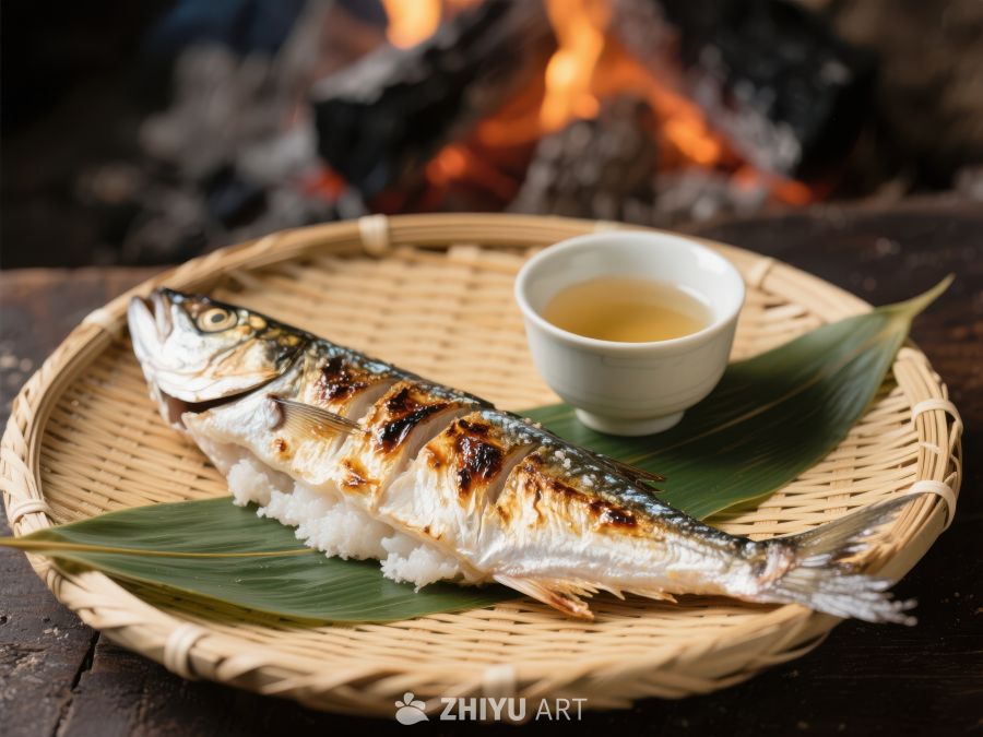 烤鱼配茶，竹盘上的日式料理 121