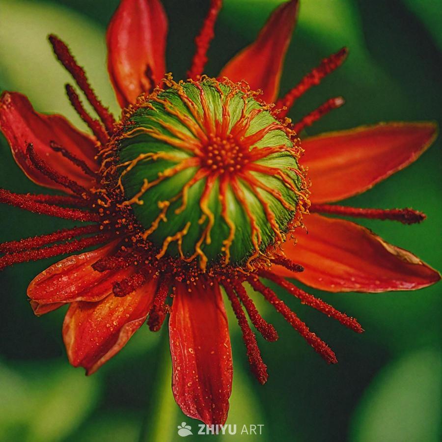 一朵大的、鲜红色的花，中心是黄色的，位于绿色的植物