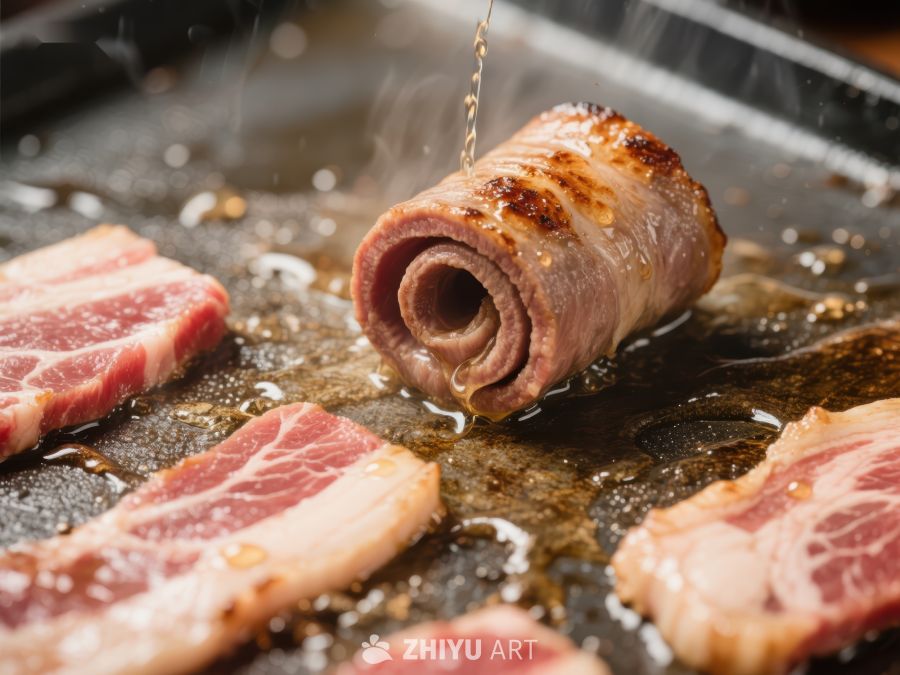 煎烤中的卷肉与培根