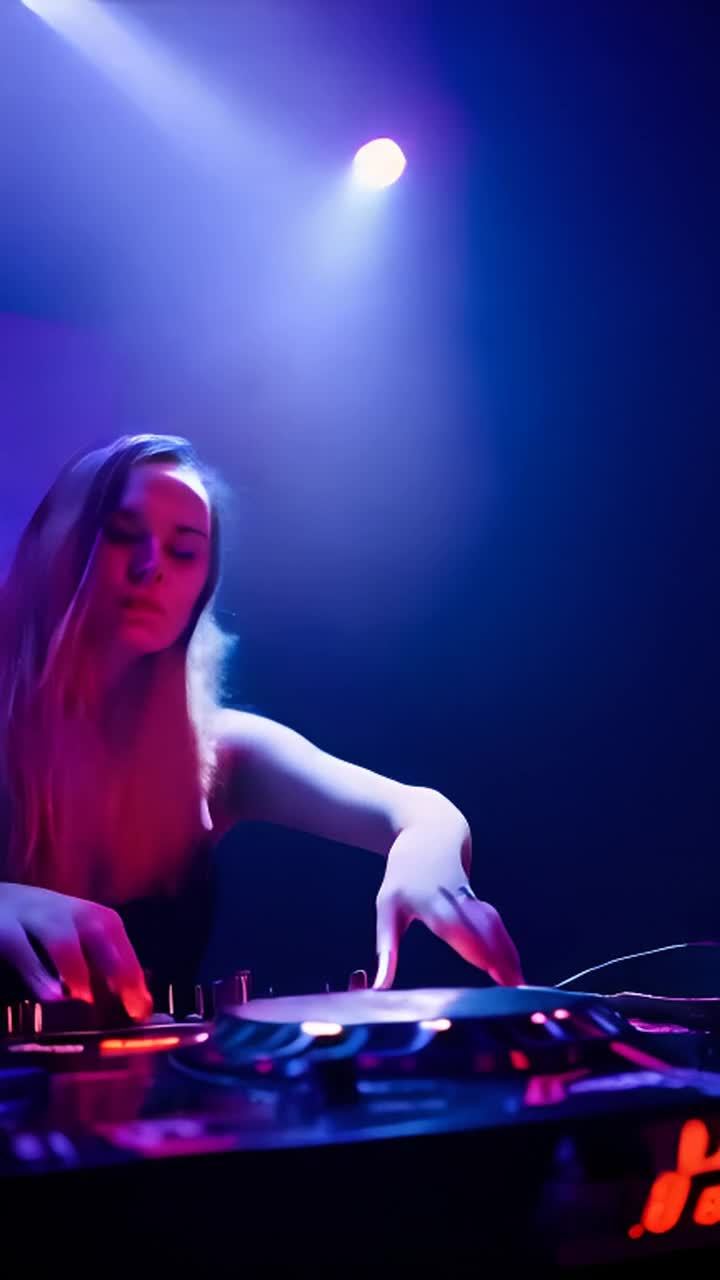 一位女性站在混音台前，正在操作设备。现场有紫色的激