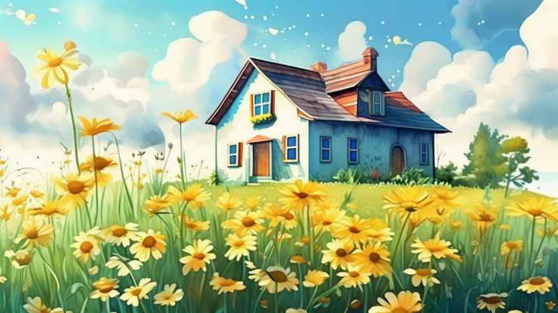 绿色田野里有黄色花朵的房子的水彩插图 71