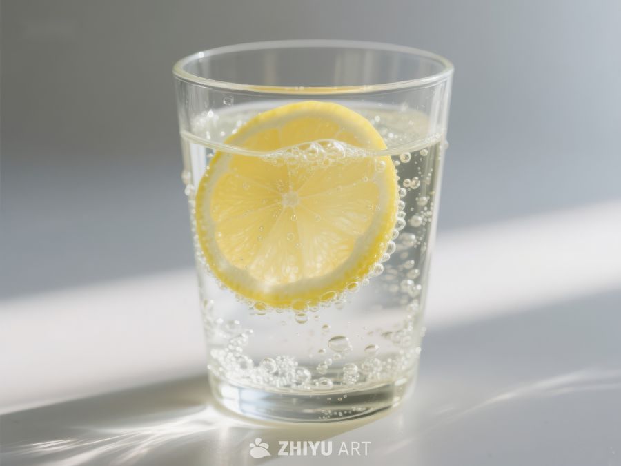 柠檬片泡在透明玻璃杯中的气泡水 308