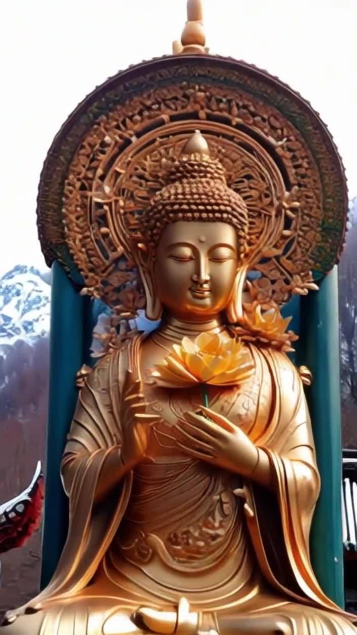 金光闪耀的佛像，手持莲花，面容安详。