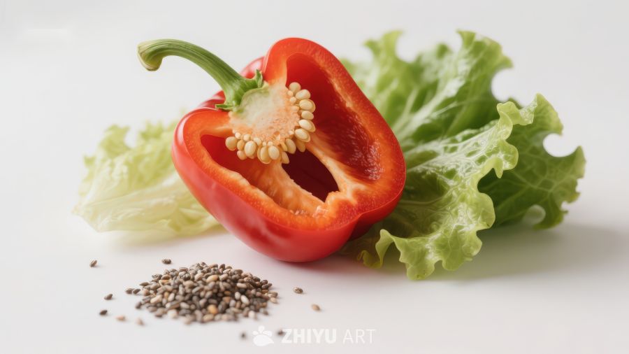 红椒切半配香料与生菜