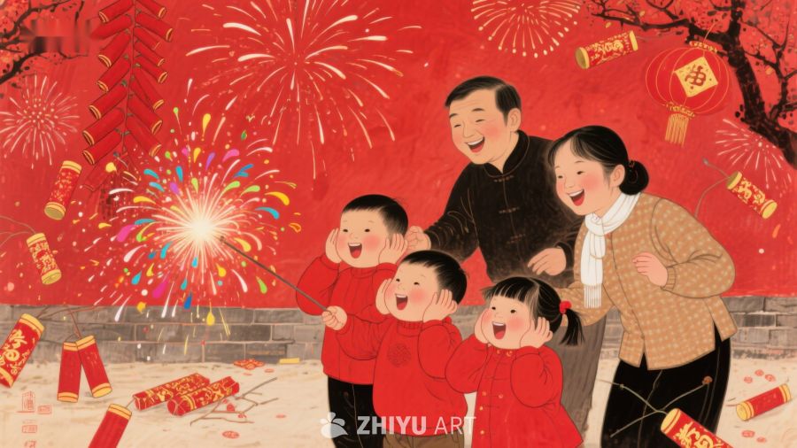 家庭欢庆新年，烟花绽放 504