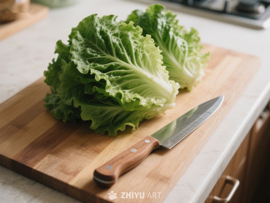 生菜与刀具置于砧板上 148