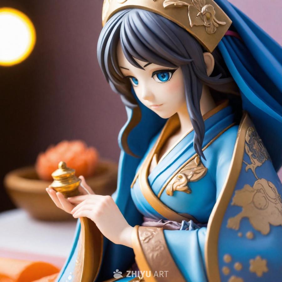 一个动漫女性人偶的特写照片，她穿着蓝色和金色的长袍