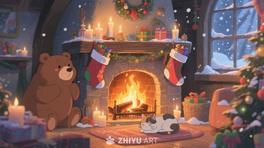 温馨圣诞夜，炉火旁的猫咪与熊 311
