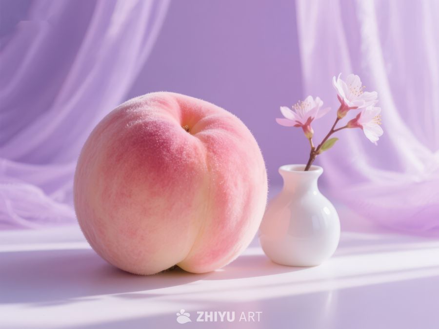 桃子与樱花：柔和色调的静物组合 483