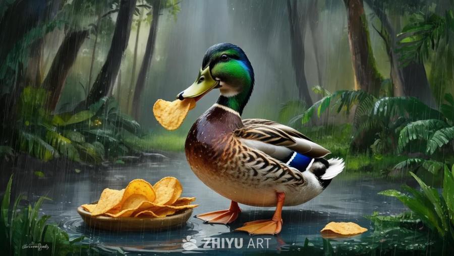 一只鸭子站在水中，嘴里叼着一片薯片。旁边有一个盛满