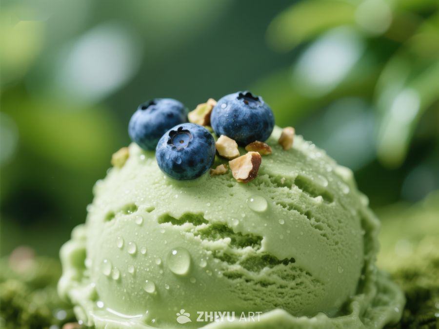 抹茶冰淇淋配蓝莓和坚果