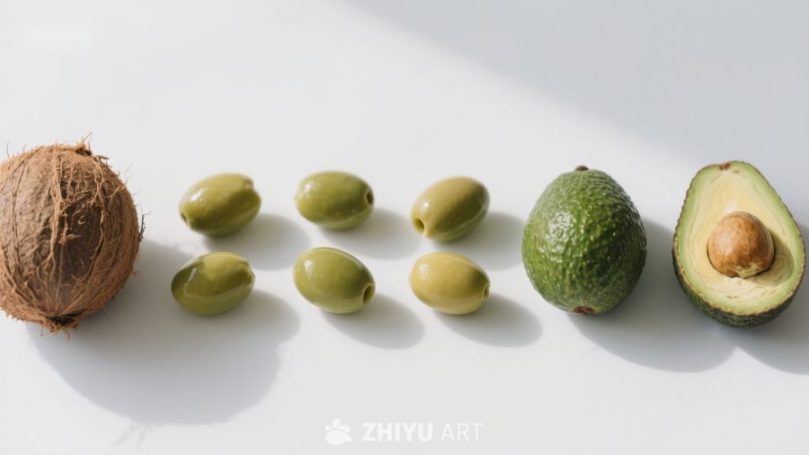 椰子、橄榄与牛油果的排列展示