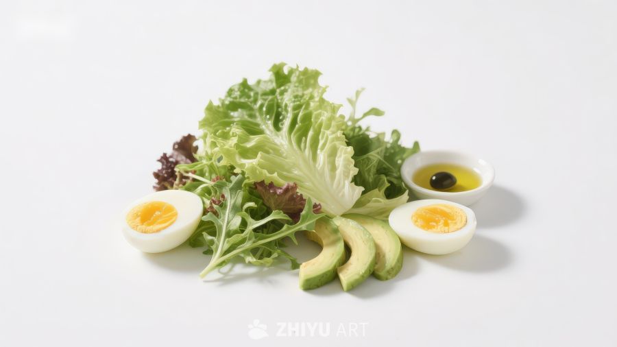 新鲜蔬菜鸡蛋与牛油果摆盘